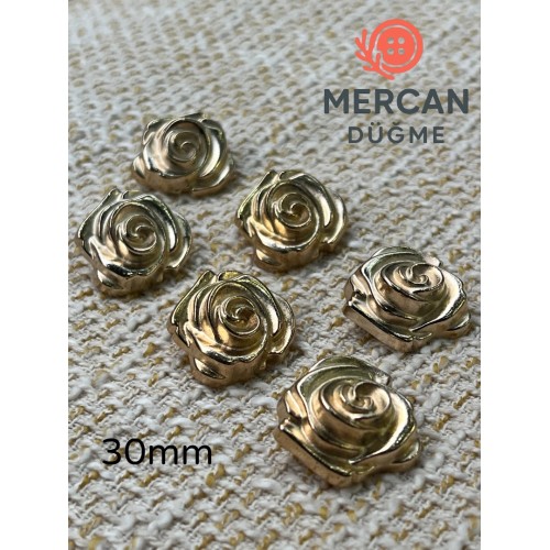  30 mm Metal Düğme – Gül Motifli Klasik Tasarım, Parlak Altın Renk 