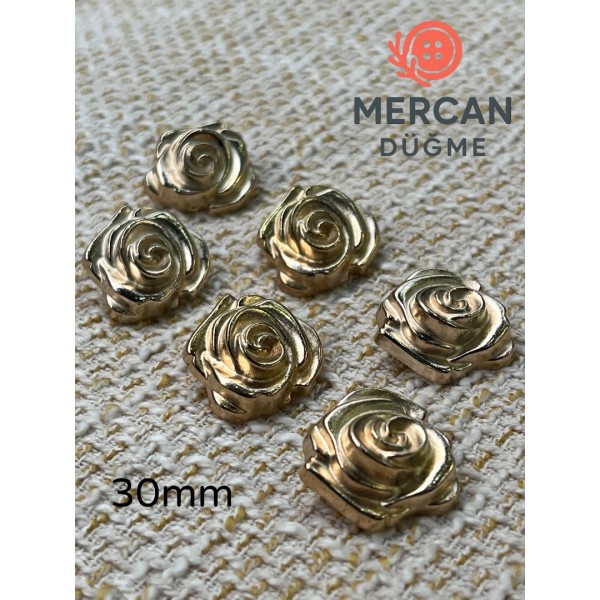  30 mm Metal Düğme – Gül Motifli Klasik Tasarım, Parlak Altın Renk 