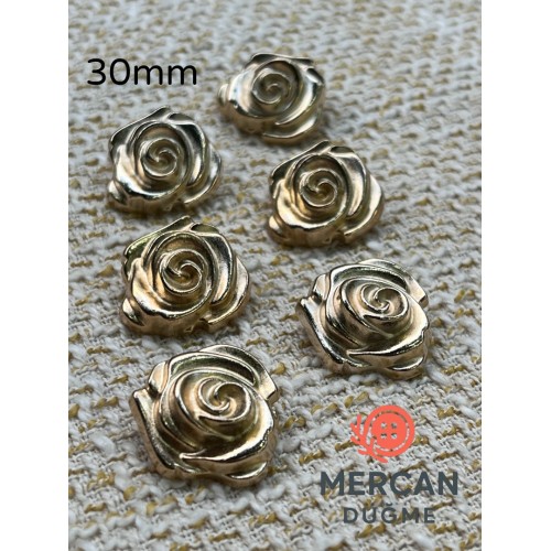  30 mm Metal Düğme – Gül Motifli Klasik Tasarım, Parlak Altın Renk 