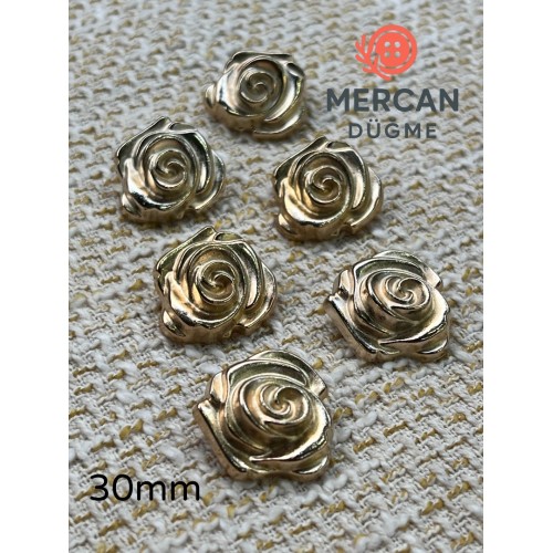 30 mm Metal Düğme – Gül Motifli Klasik Tasarım, Parlak Altın Renk